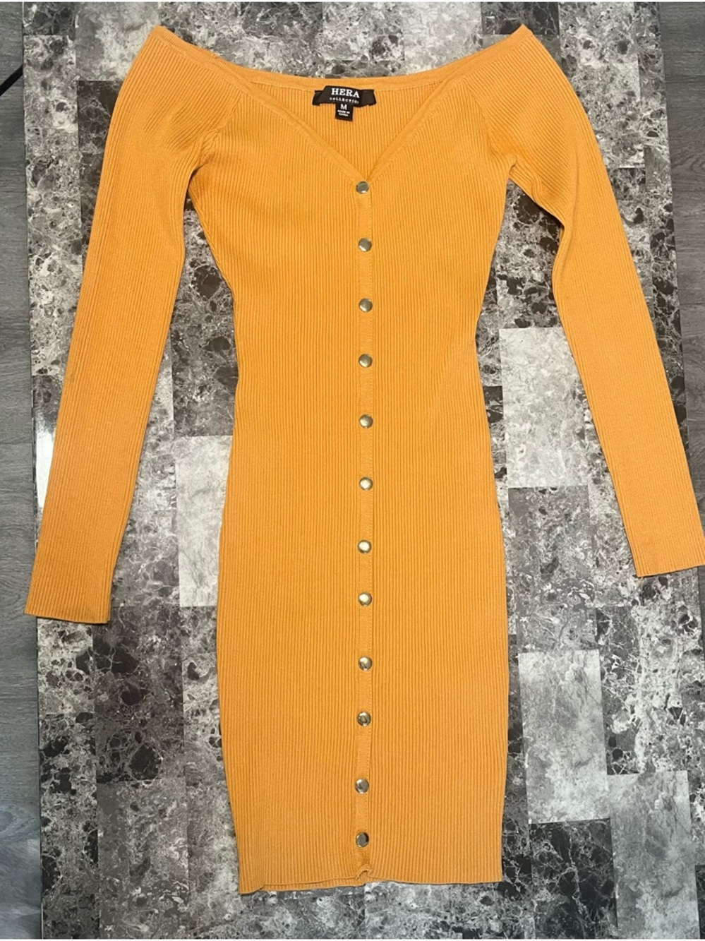 Hera Collection Off-Shoulder Button-Front Ribbed Mini Dress - Mustard - Picture 2 of 5